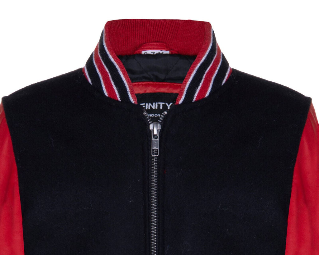 Kids Varsity Black & Red Bomber Jacket with Real Leather Sleeves 3-13 yrs