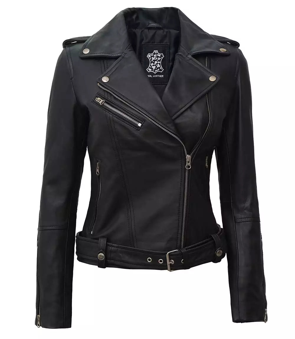 Womens Black Asymmetrical Biker Style Leather Jacket