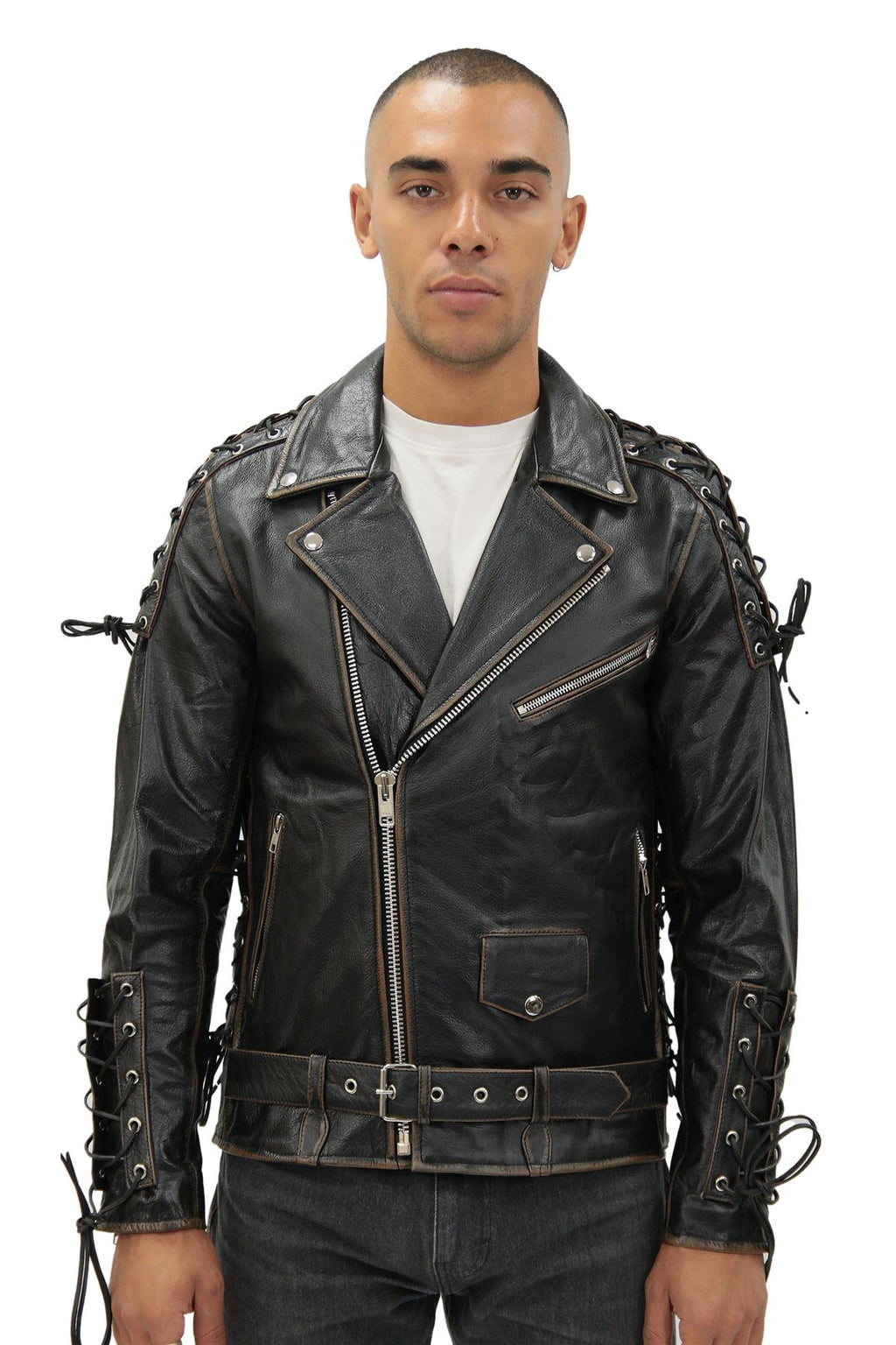 Mens Embossed Brando Leather Biker Jacket-Chicago