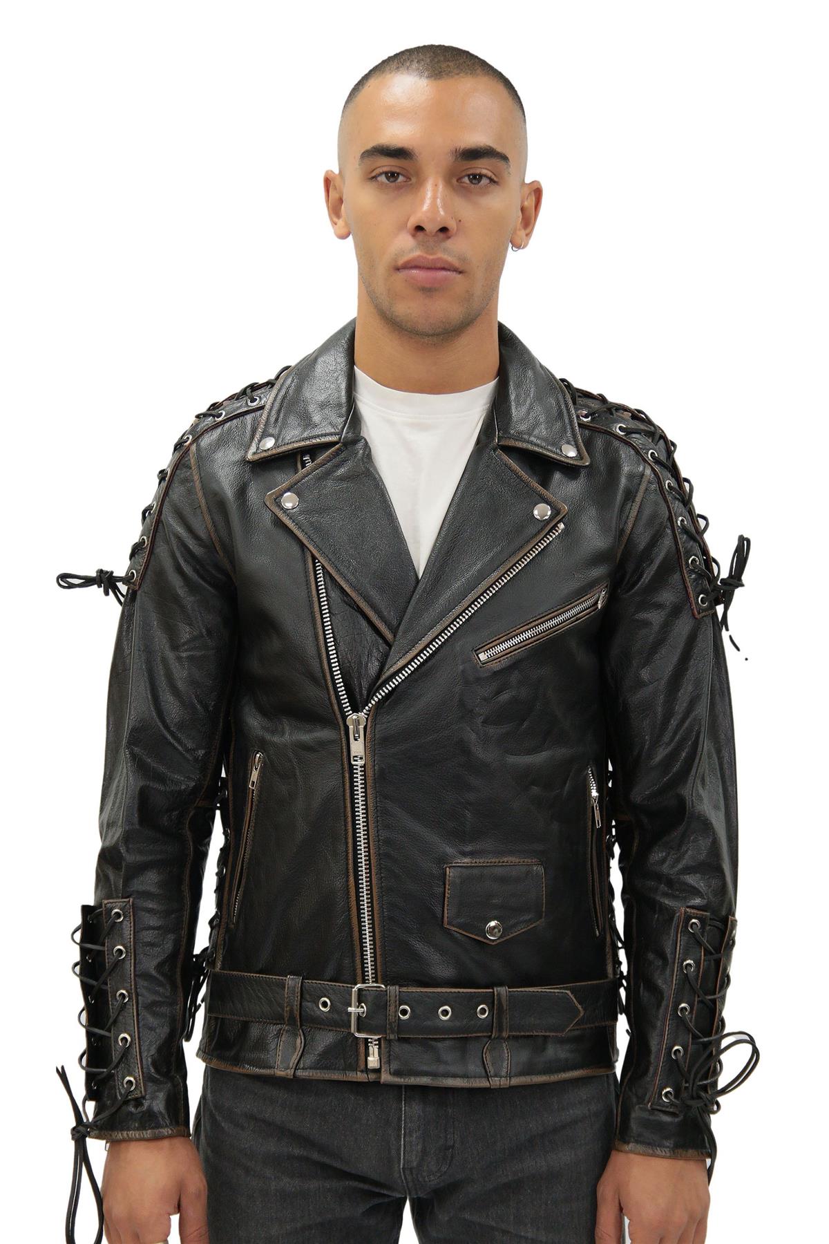 Mens Embossed Brando Leather Biker Jacket-Chicago