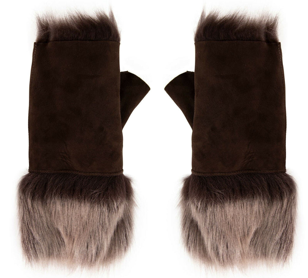 Womens Shearling  Mittens Fingerless Cuffs Toscana Suede Sheepskin Fur