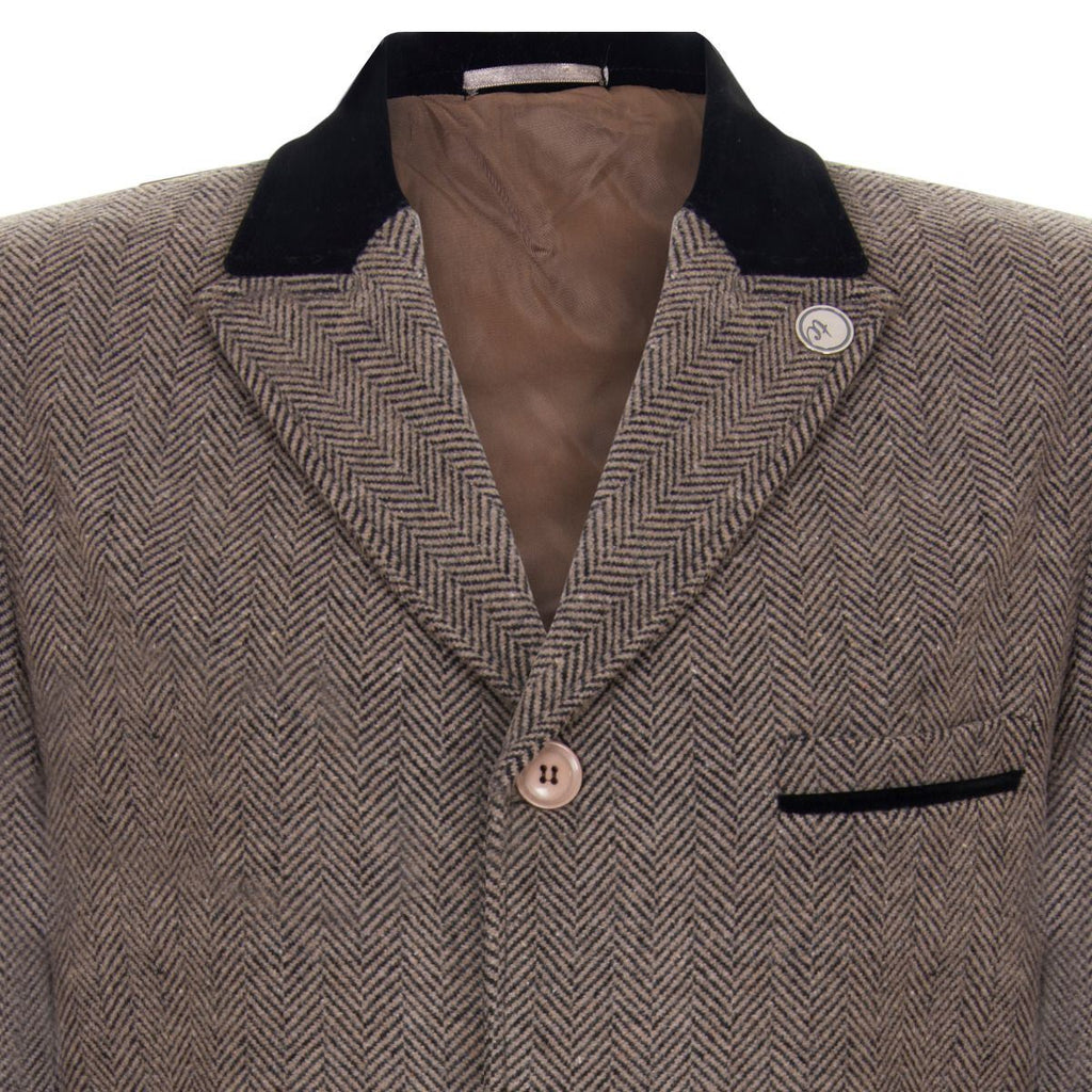 Mens 3/4 Brown Long Crombie Overcoat Jacket Herringbone Tweed Coat Peaky Blinder