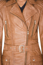 Womens Long Leather Biker Jacket-Quito