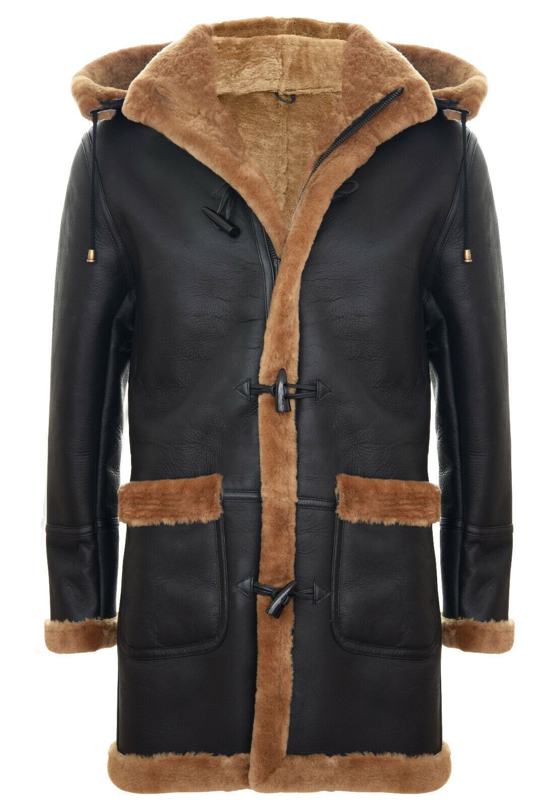 Mens Winter Sheepskin Hooded Duffle Coat-Helsinki
