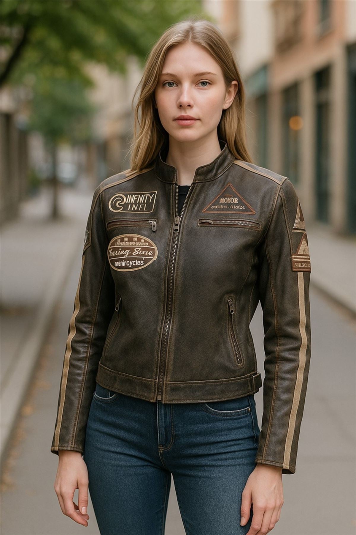 Womens Leather Biker Racing Badges Jacket-Agadir