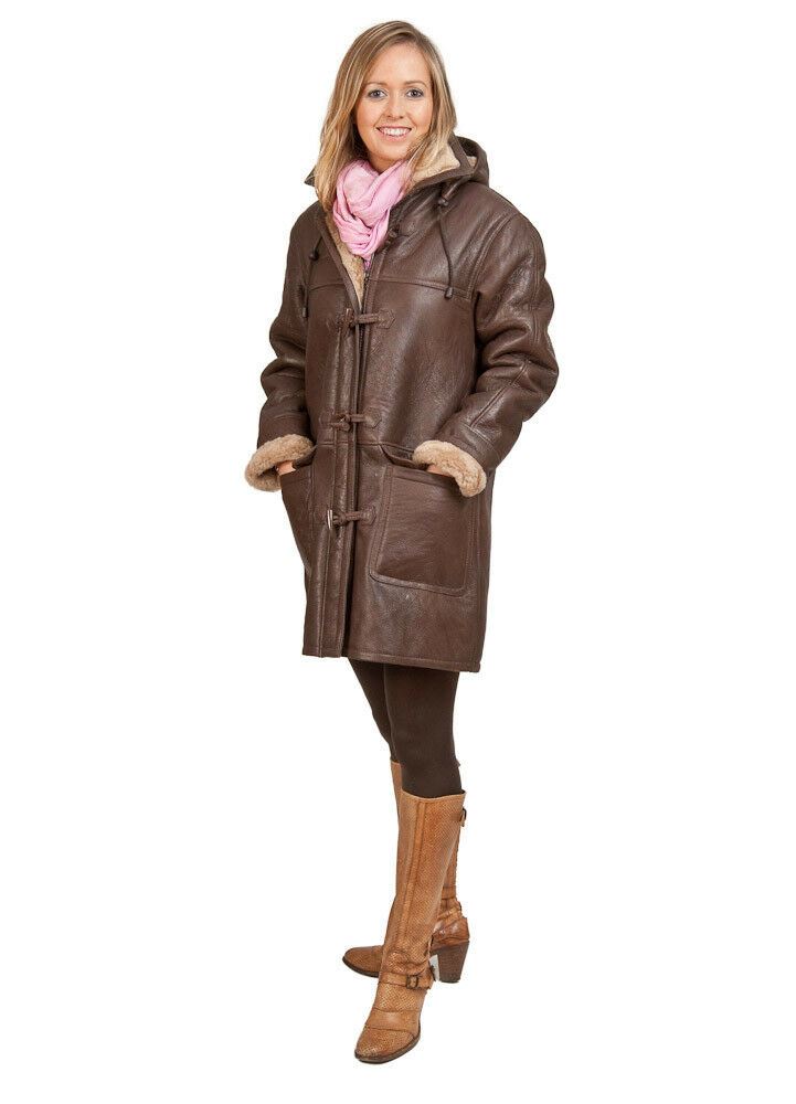 Womens Brown Hooded Sheepskin Leather Duffle Coat-Charlotte