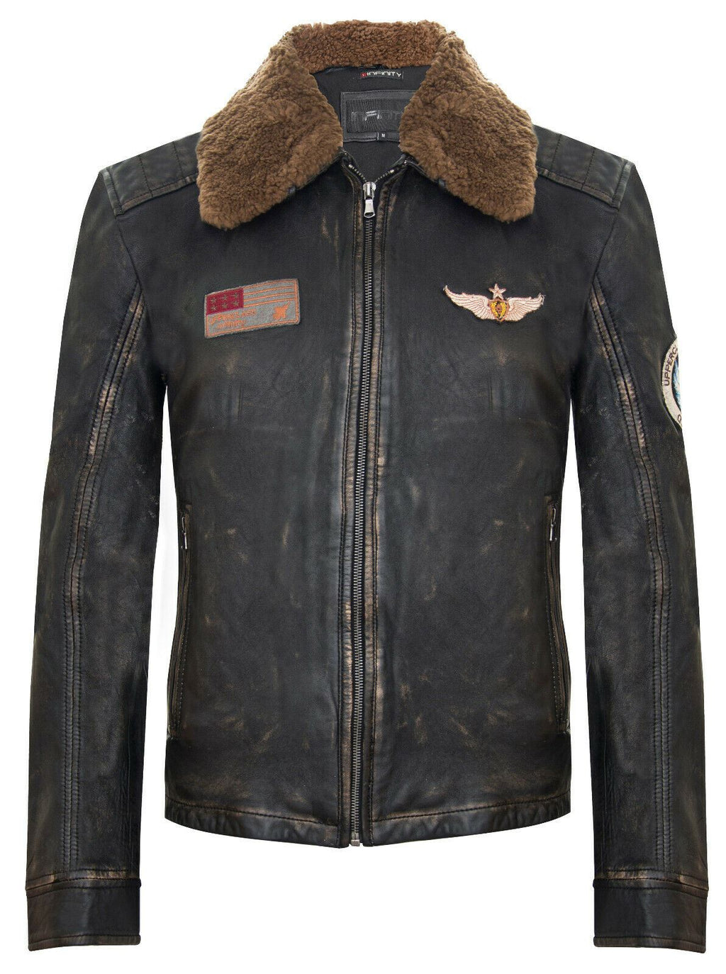 Mens Badged Vintage Black Leather Bomber Jacket-Tunis