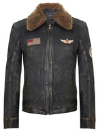 Mens Badged Vintage Black Leather Bomber Jacket-Tunis