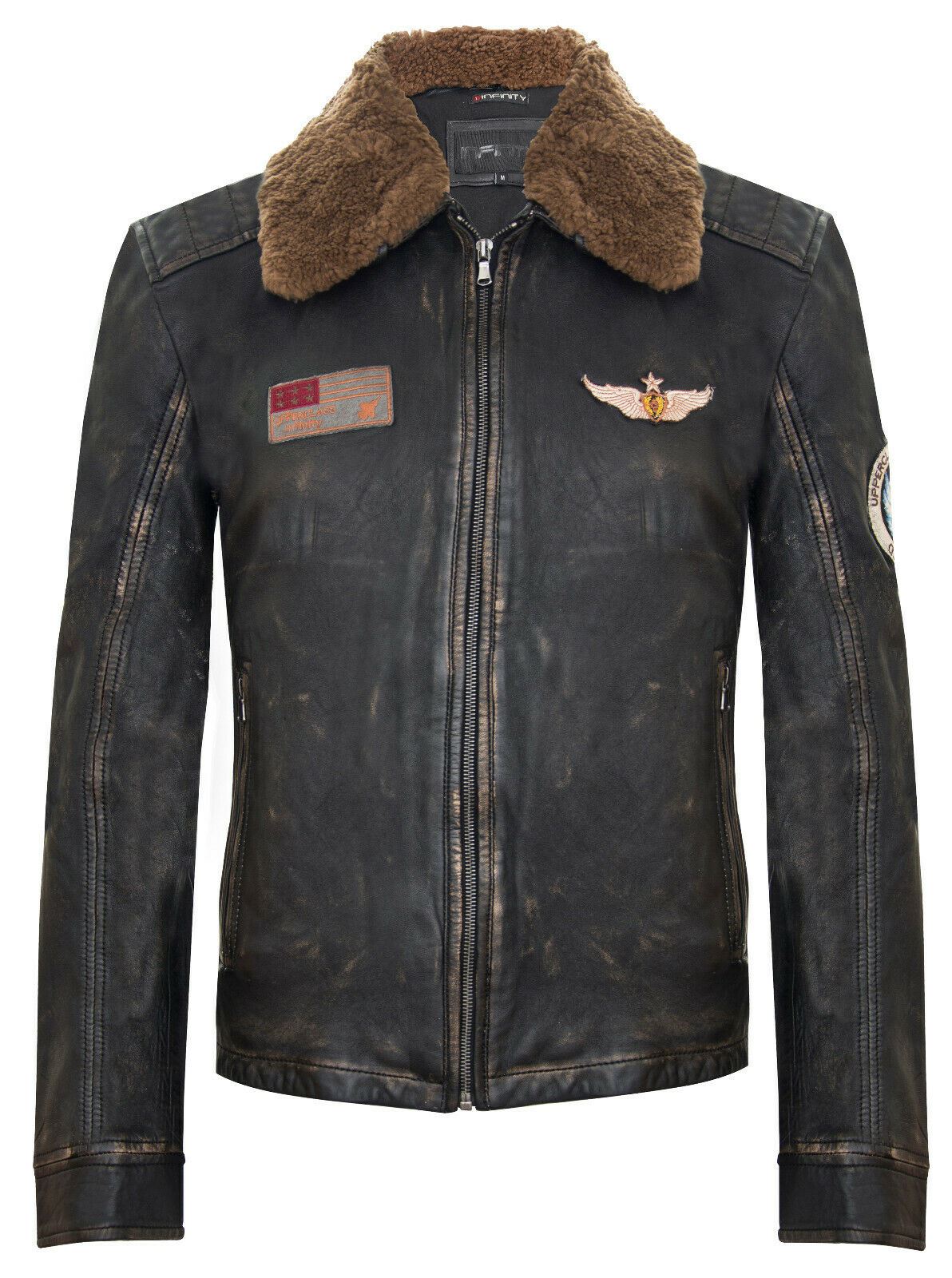 Mens Badged Vintage Black Leather Bomber Jacket-Tunis