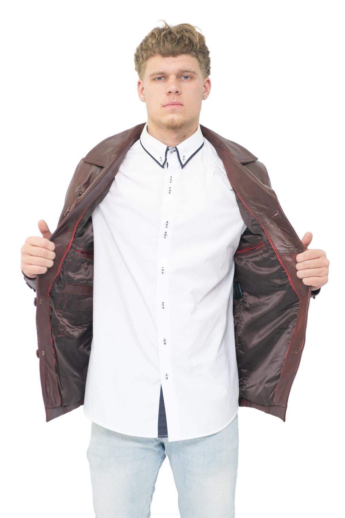 Men’s Brown Vintage Trench Style Crombie Leather Coat-Macau