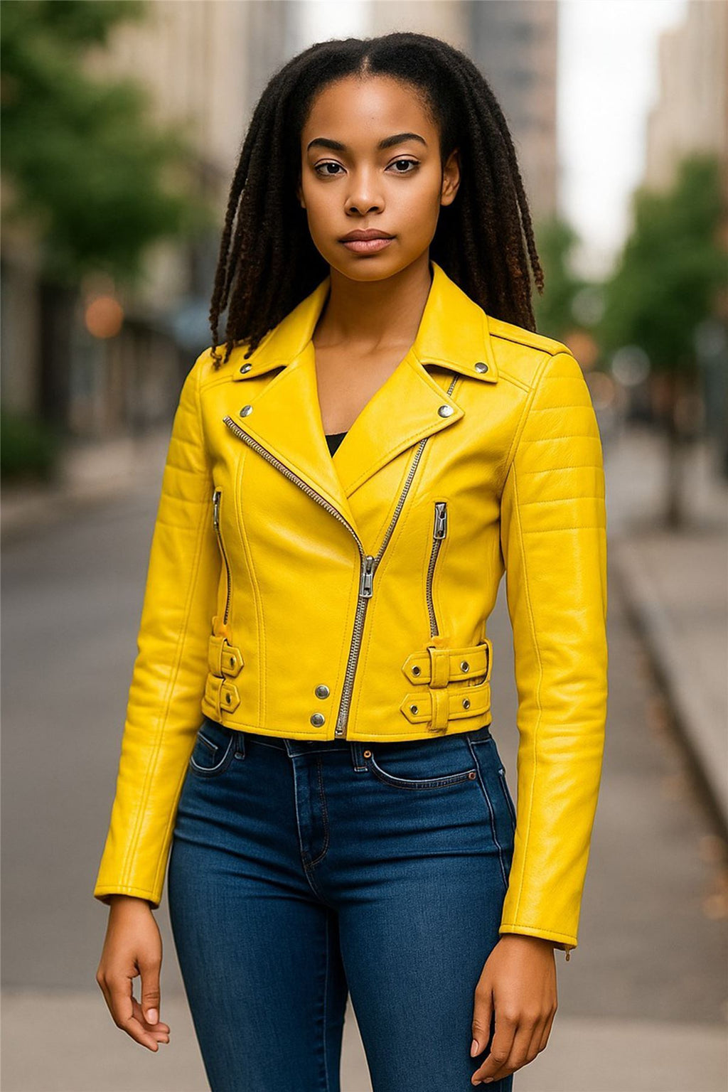 Womens Cropped Brando Leather Biker Jacket-Damascus