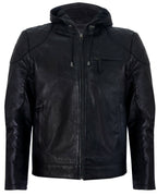 Mens Retro Hooded Leather Bomber Jacket-Zaria