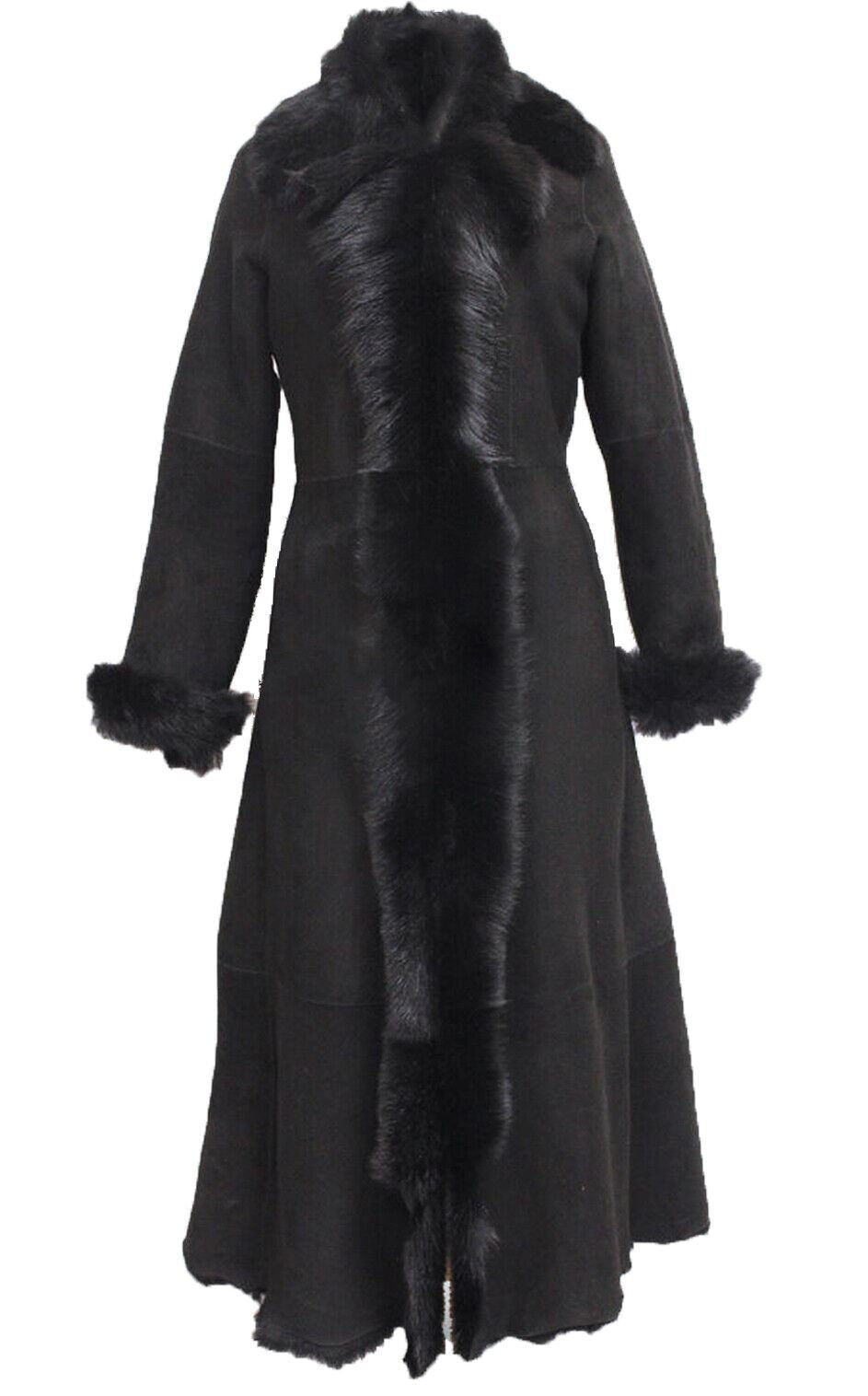Womens Black Suede Toscana Sheepskin Trench Coat-Fribourg