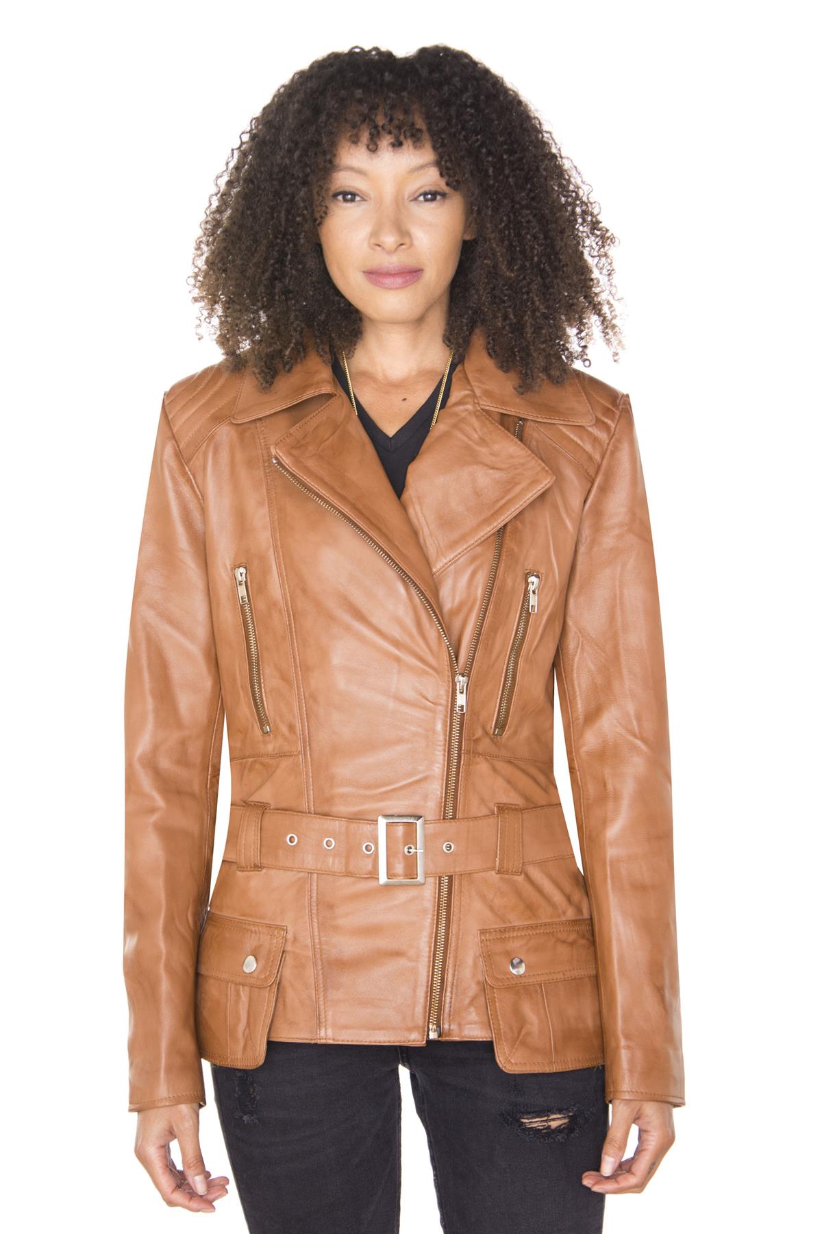 Womens Long Leather Biker Jacket-Quito