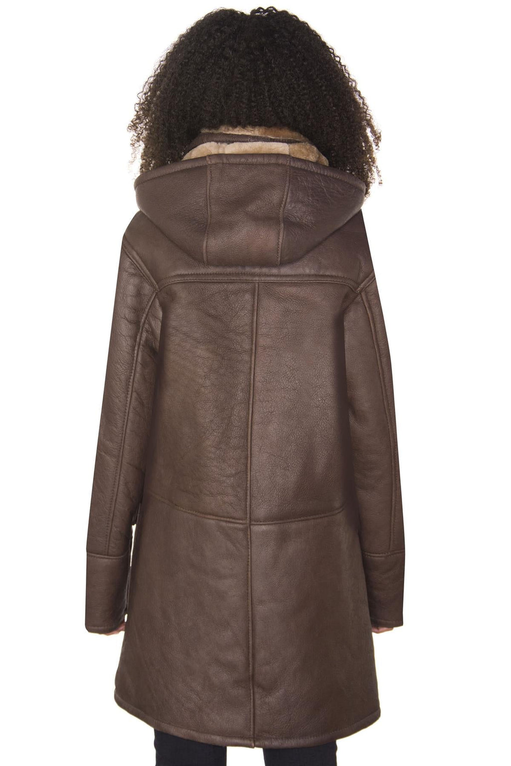 Womens Brown Hooded Sheepskin Leather Duffle Coat-Charlotte