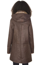 Womens Brown Hooded Sheepskin Leather Duffle Coat-Charlotte
