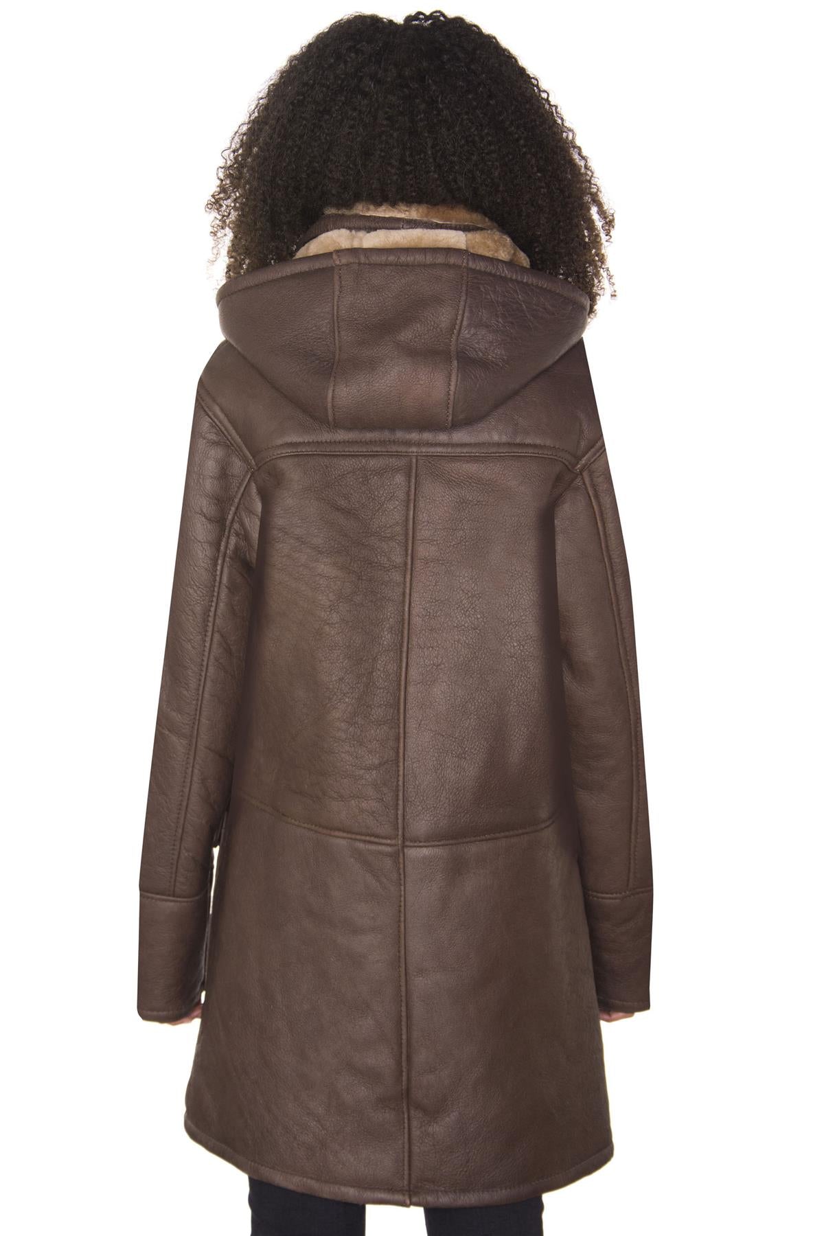 Womens Brown Hooded Sheepskin Leather Duffle Coat-Charlotte