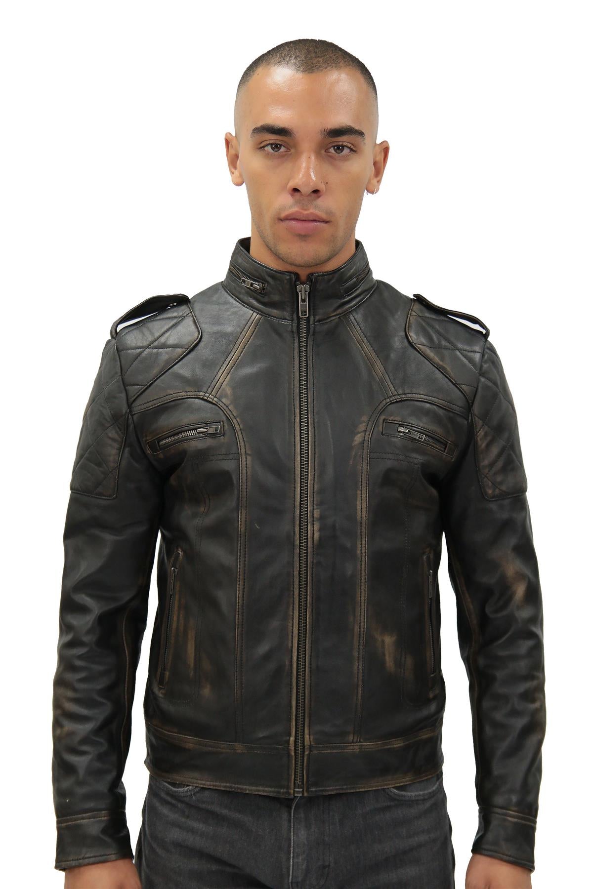 Mens Vintage Leather Racing Biker Jacket-Brooklyn