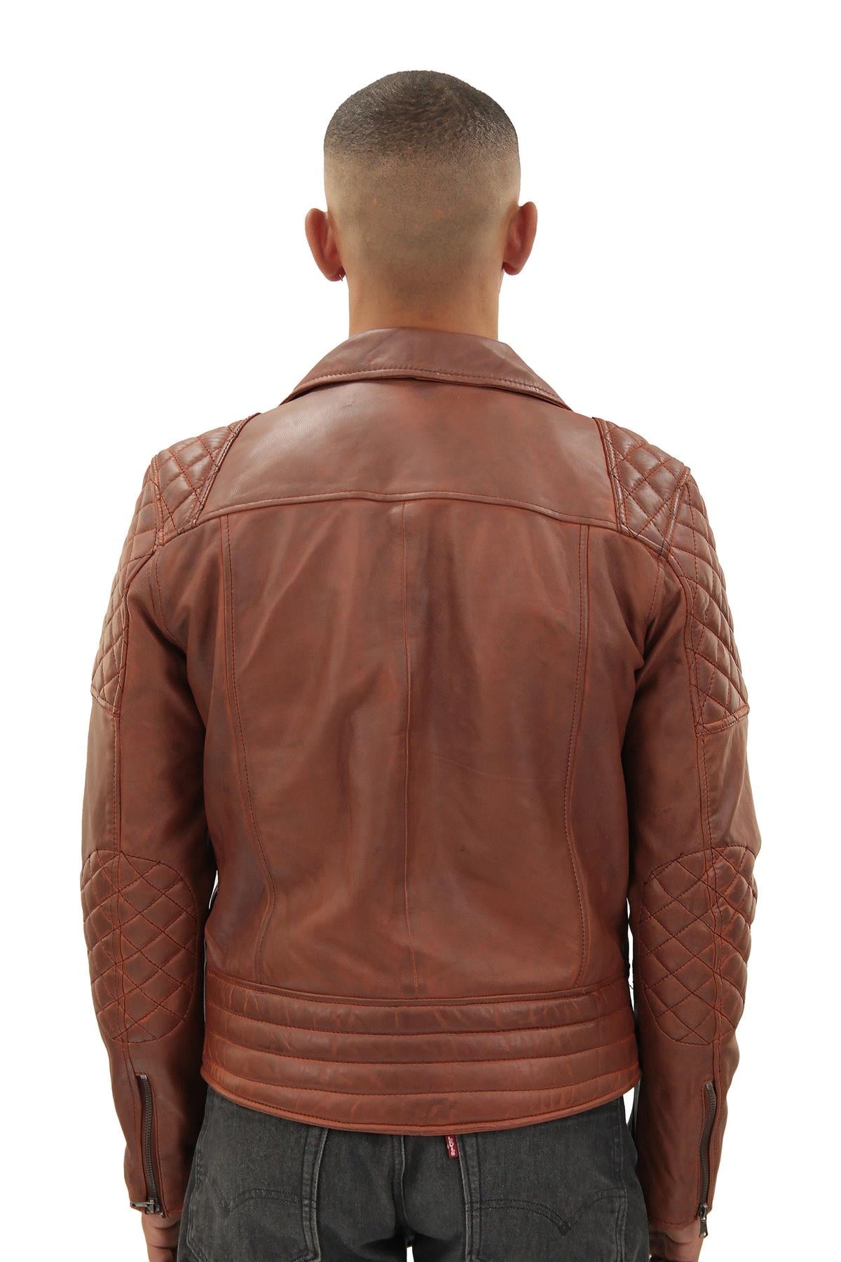 Mens Quilted Leather Biker Jacket-Bordeaux