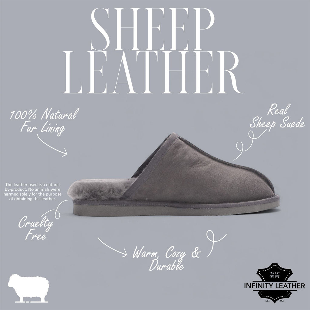 Men's Genuine Sheepskin Grey Suede Mule Winter Warm Non-Slip - Highland