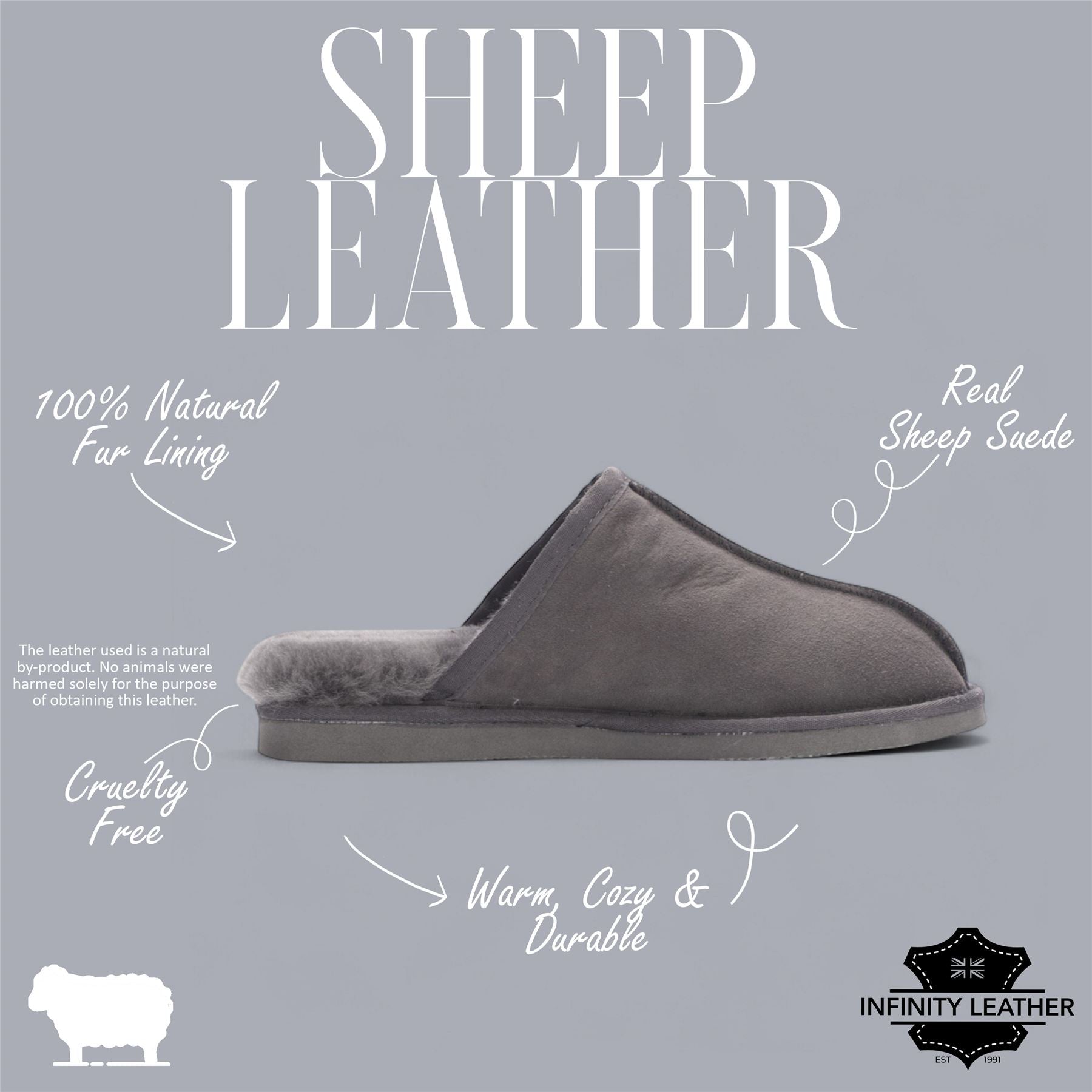 Men's Genuine Sheepskin Grey Suede Mule Winter Warm Non-Slip - Highland