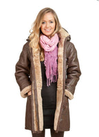Womens Brown Hooded Sheepskin Leather Duffle Coat-Charlotte