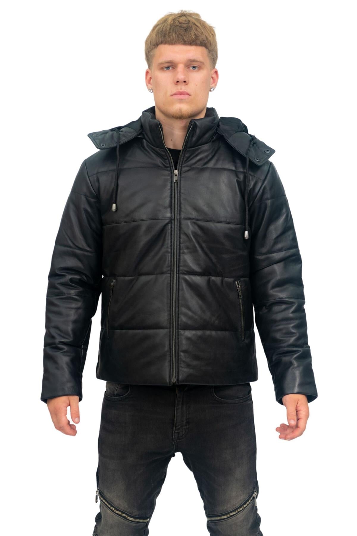 Mens Puffer Leather Bomber Jacket-Augsburg