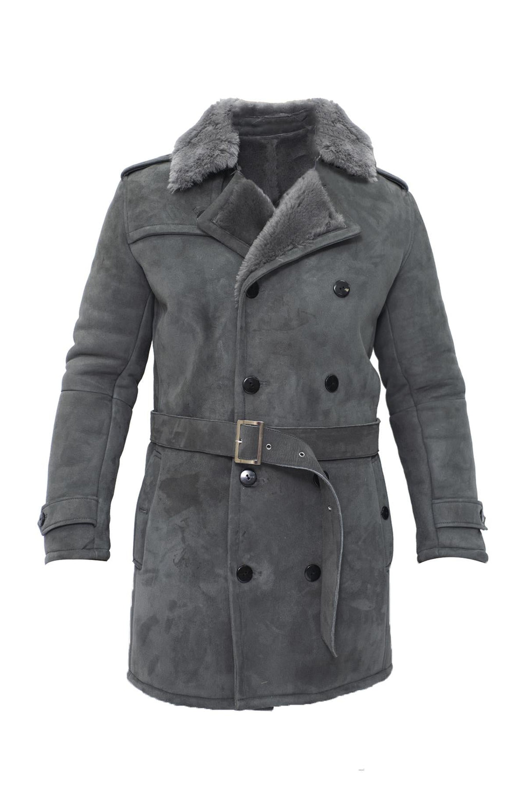 Mens Shearling Sheepskin Suede Pea Coat-Cali