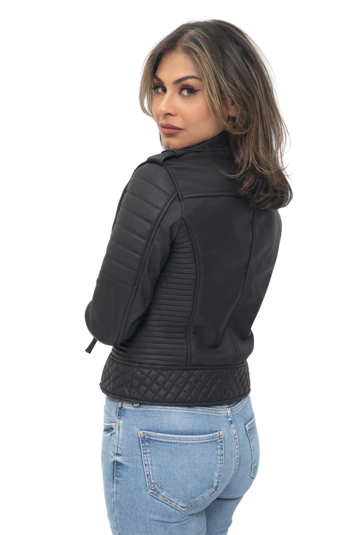 Womens Leather Quilted Vintage Brando Biker Jacket-Lusaka