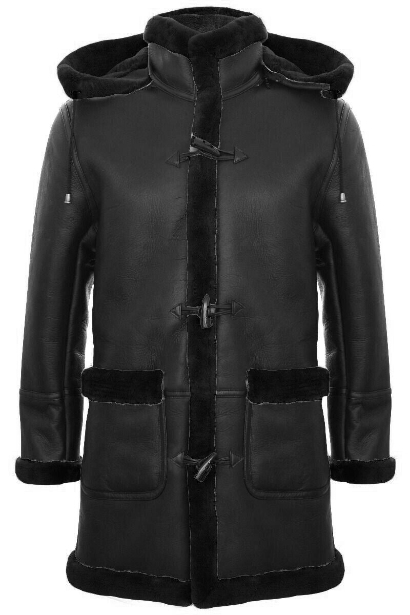 Mens Winter Sheepskin Hooded Duffle Coat-Helsinki
