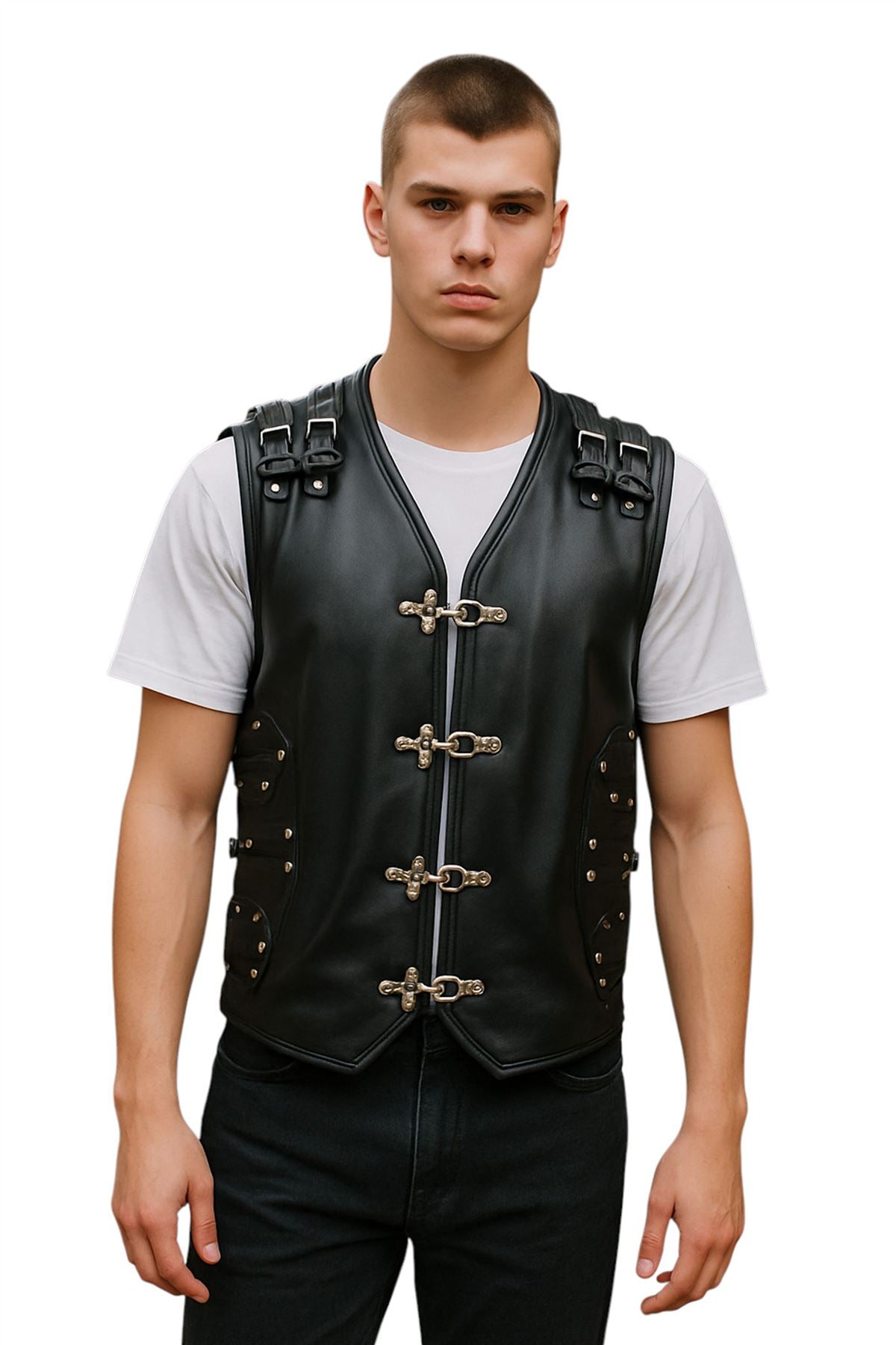Men’s Black Biker Leather Waistcoat Metal Buckles Vest - Coolgardie