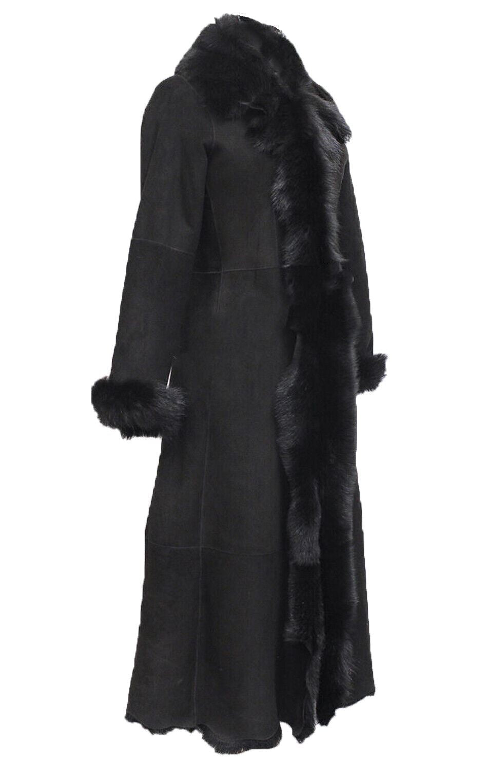 Womens Black Suede Toscana Sheepskin Trench Coat-Fribourg