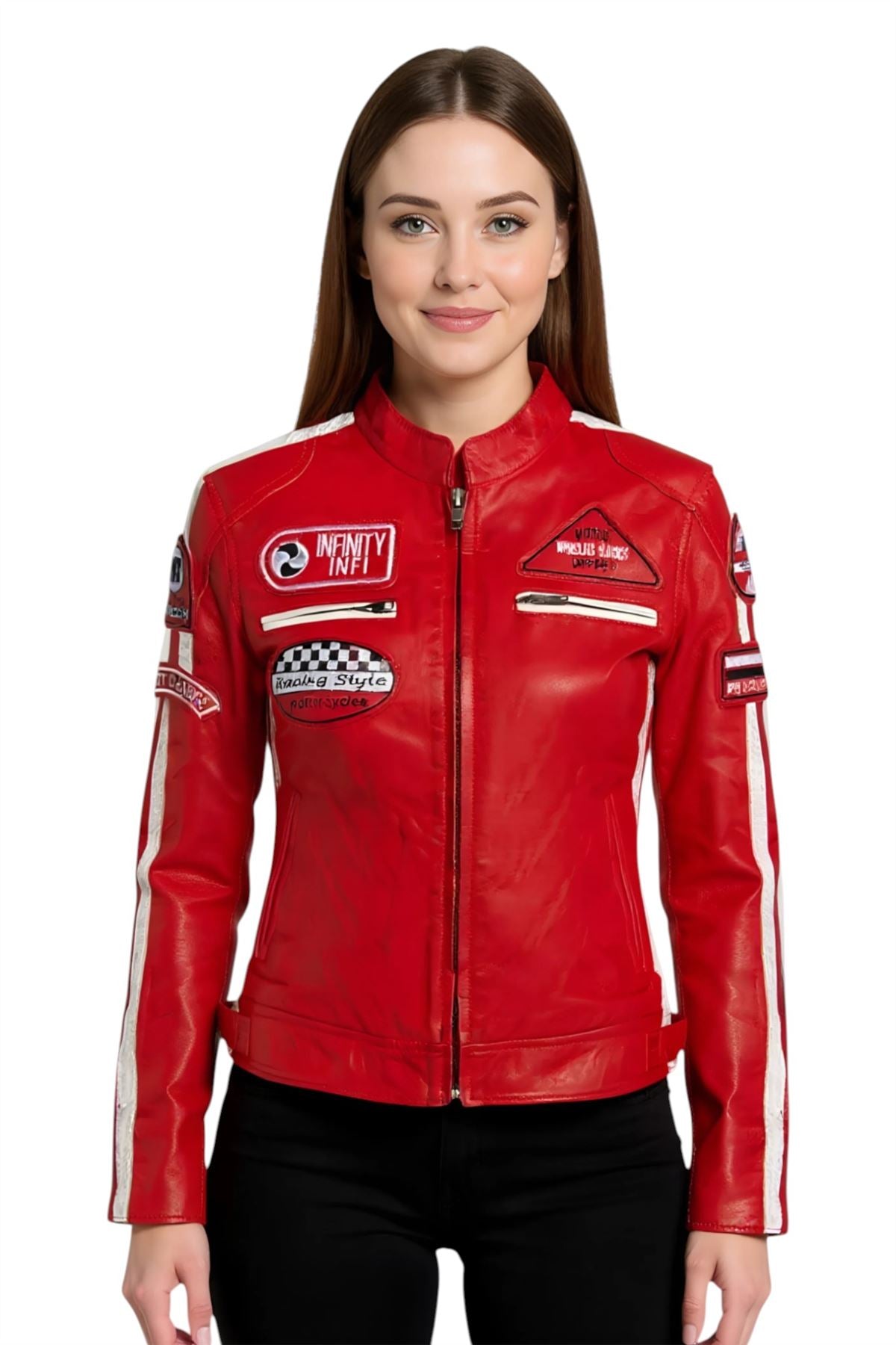 Womens Leather Biker Racing Badges Jacket-Agadir