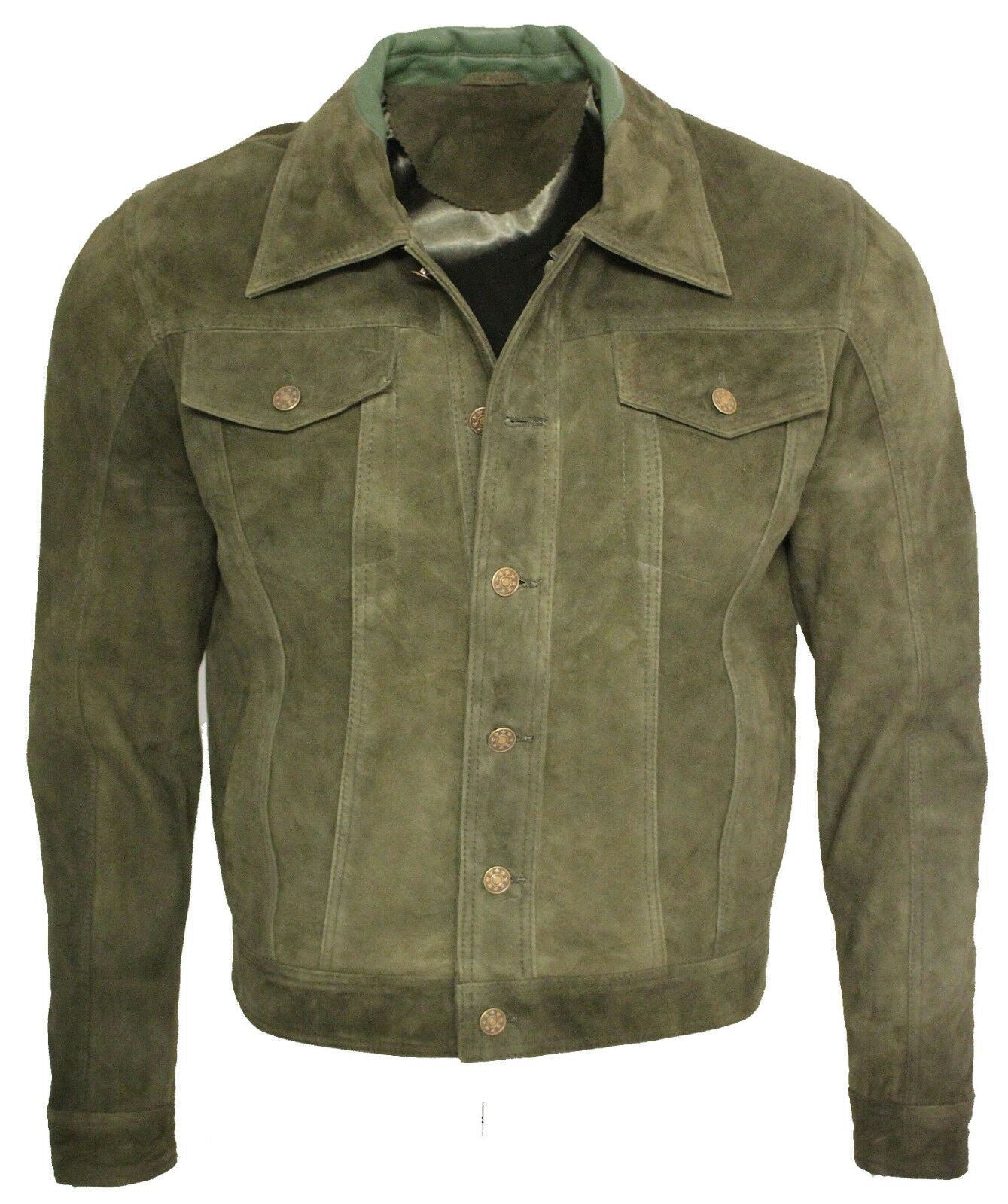 Mens Goat Suede Leather Trucker Jacket-Taraz