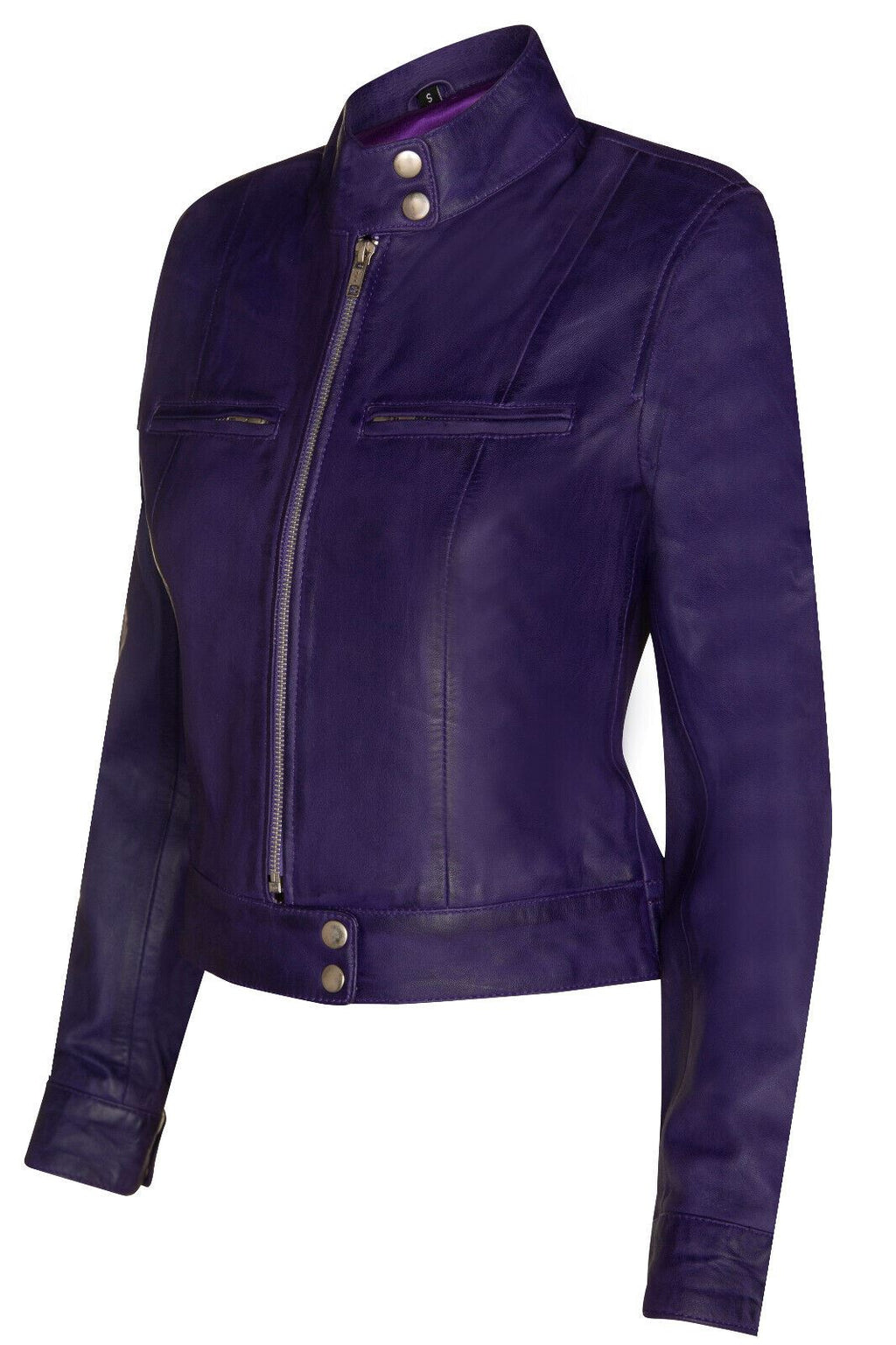 Womens Plain Leather Moto Biker Jacket-Braga