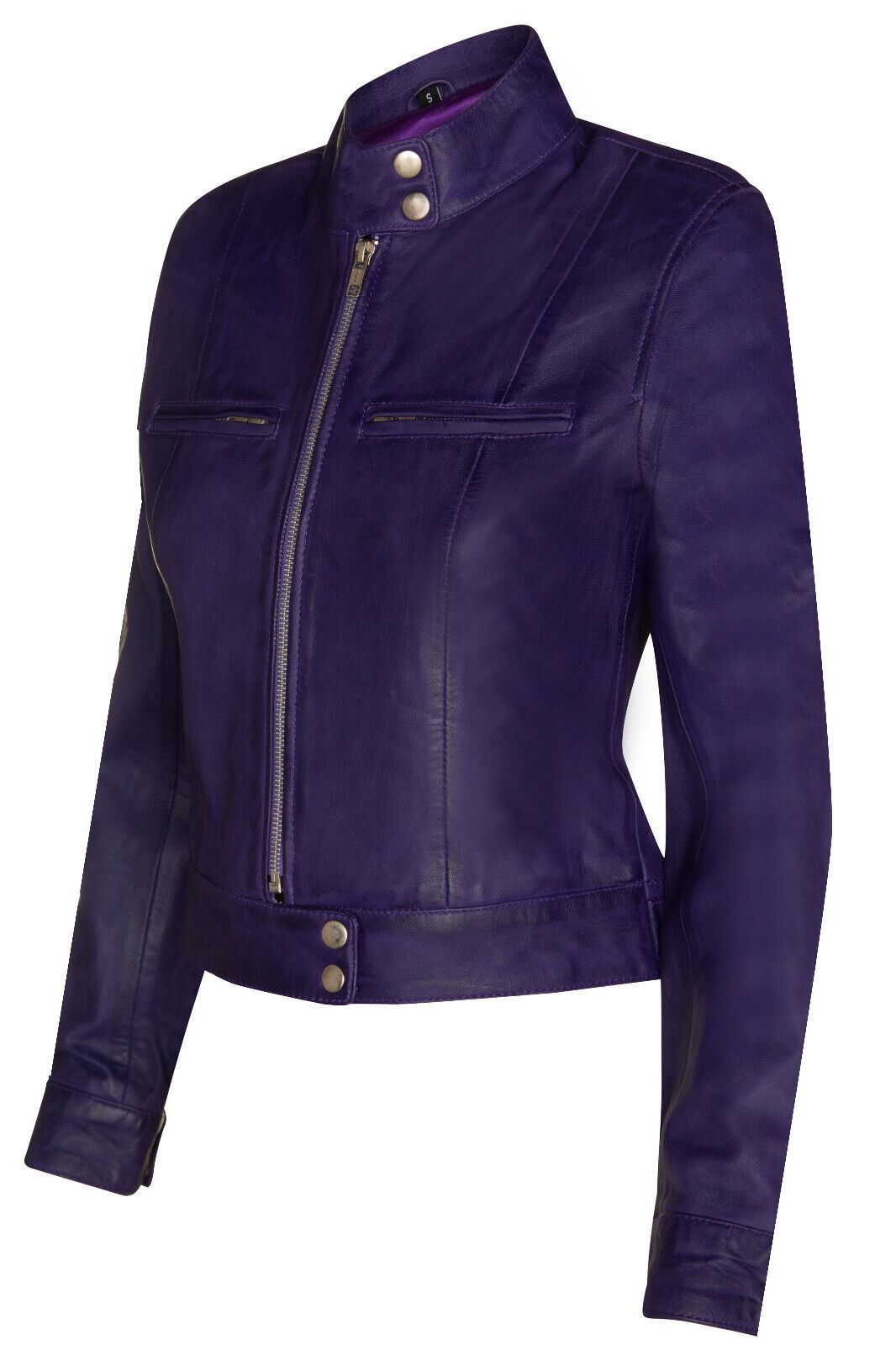 Womens Plain Leather Moto Biker Jacket-Braga