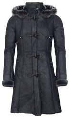 Womens Black Sheepskin Hooded Duffle Coat-Ottawa