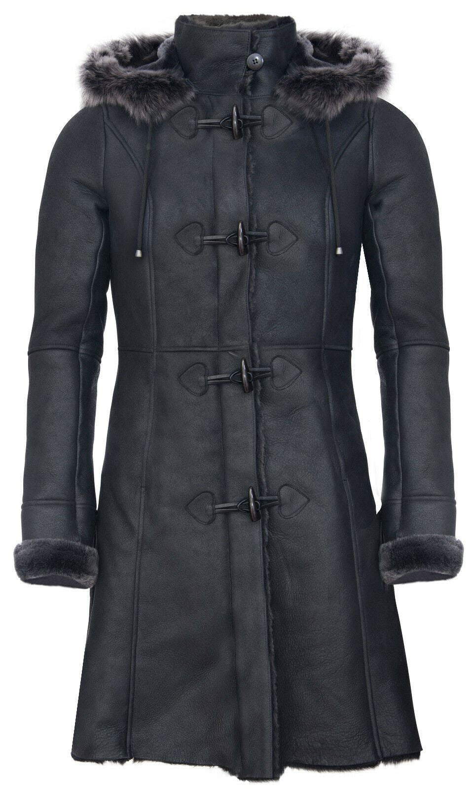 Womens Black Sheepskin Hooded Duffle Coat-Ottawa