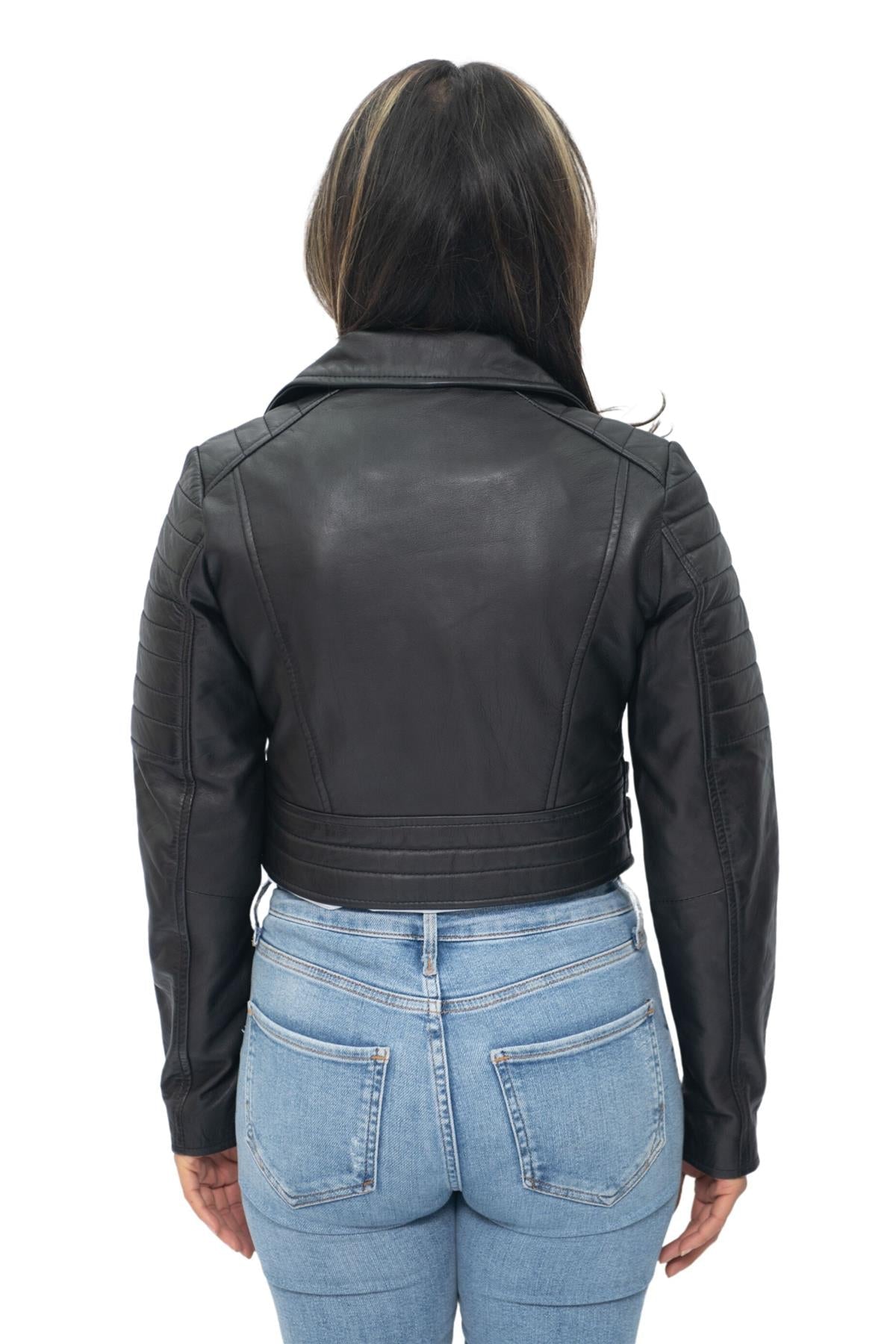 Womens Cropped Brando Leather Biker Jacket-Damascus