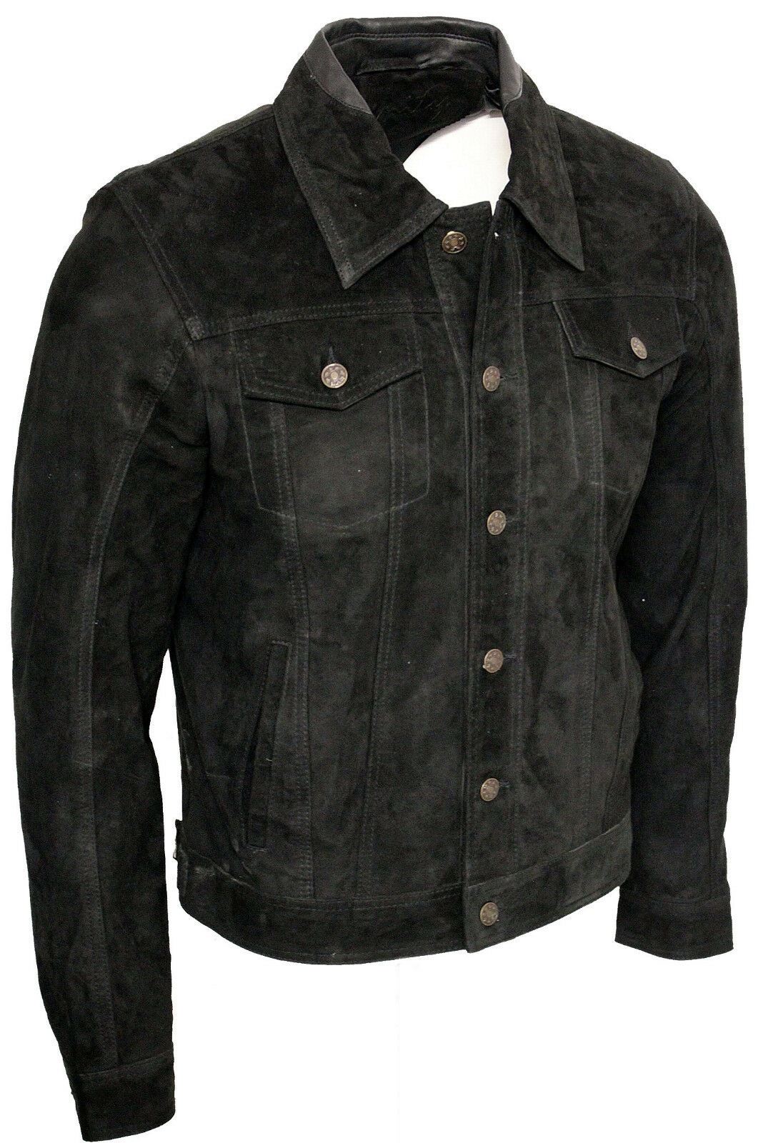 Mens Goat Suede Leather Trucker Jacket-Taraz