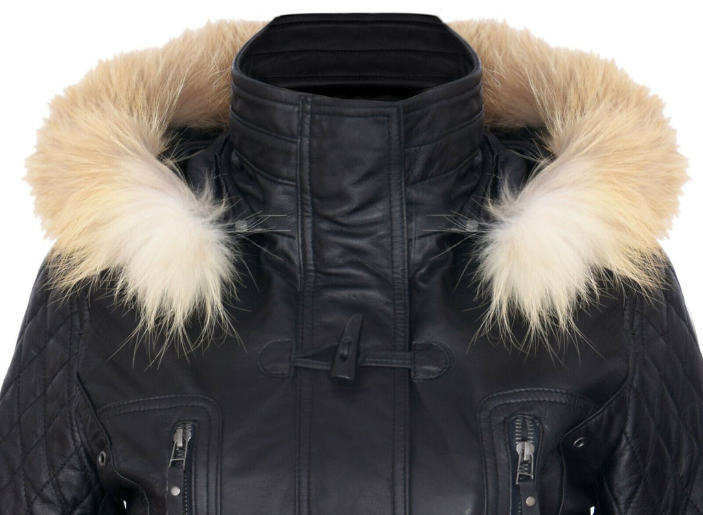 Womens Quilted Leather Parka Jacket-Brussels