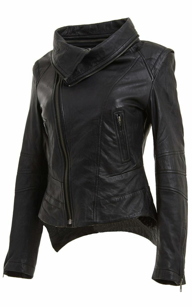 Womens Detachable Collar Leather Biker Jacket-Rosario