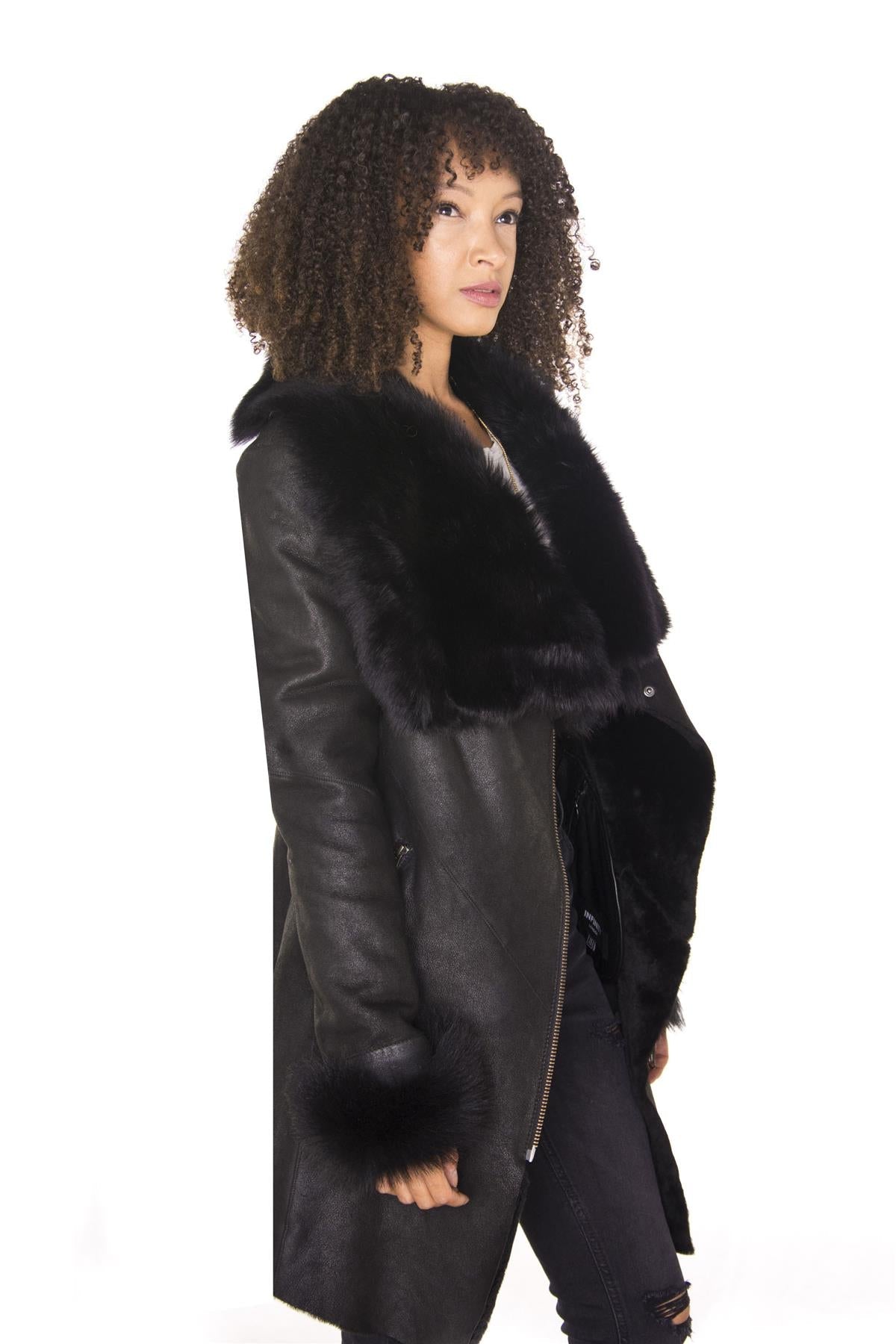 Womens Black Merino Shearling Coat with Toscana Collar-Fortaleza