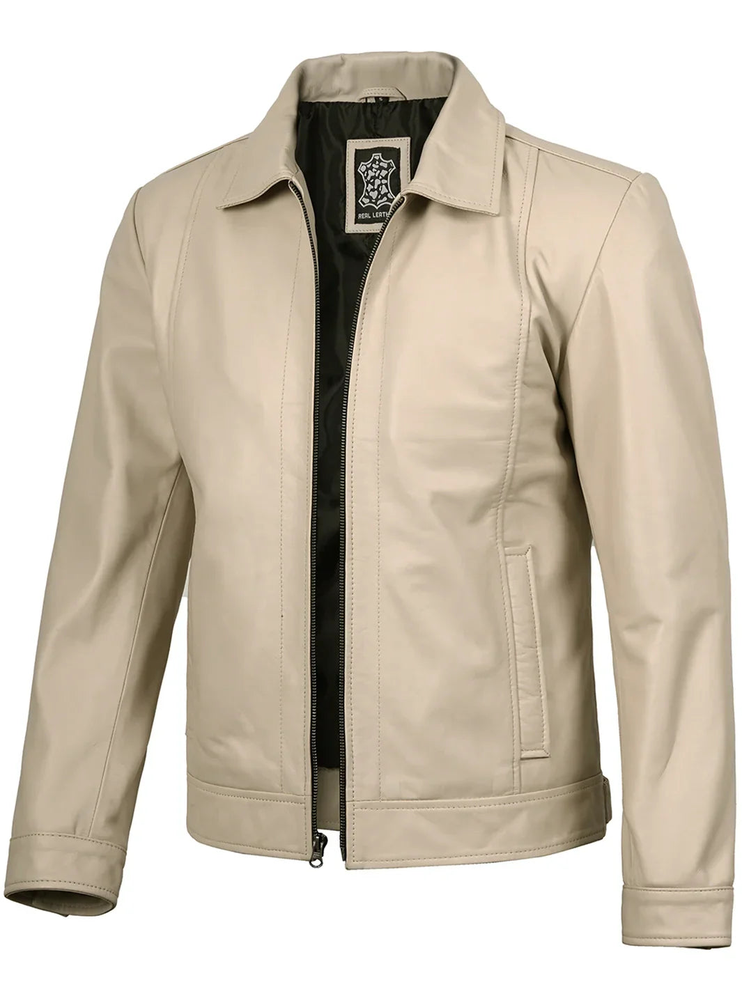 Men's Beige Real Leather Harrington Jacket