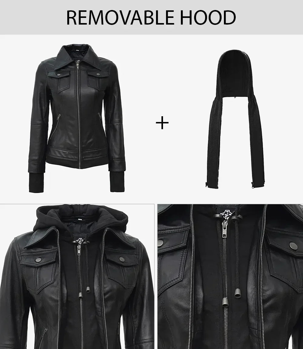 Women's Petite Black Leather Jacket with Removable Hood