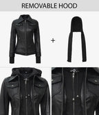 Tall Women's Black Biker Style Leather Jacket with Removable Hood