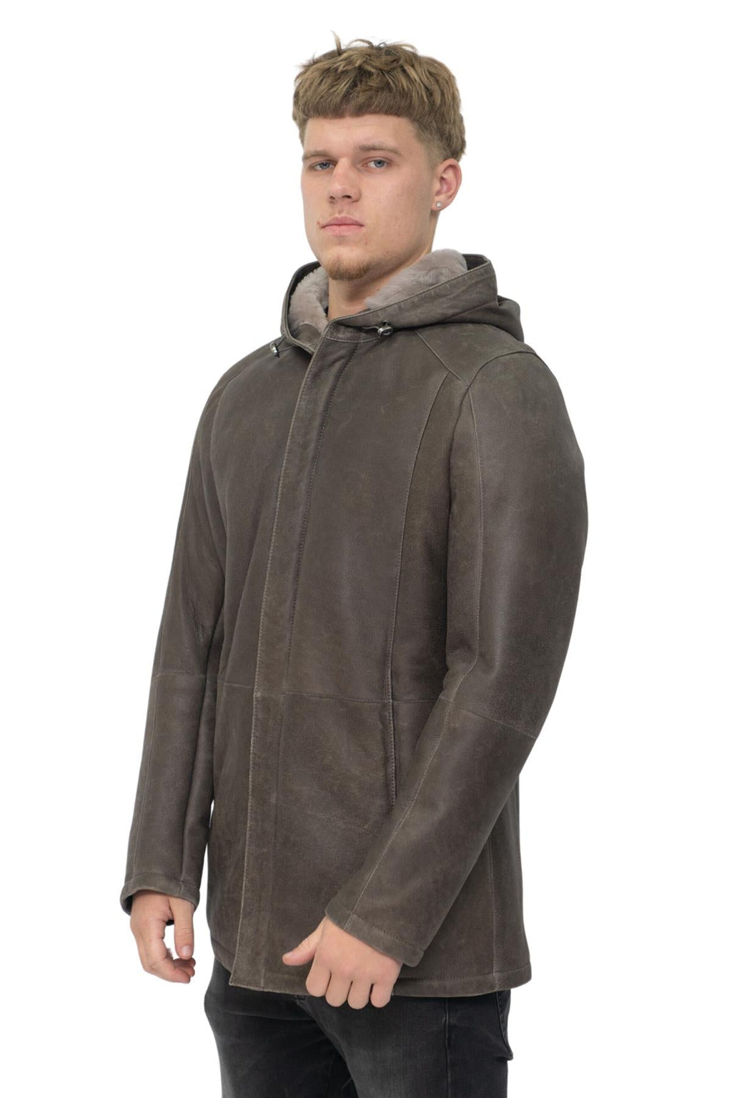 Mens Sheepskin Hooded Parka Coat-Alafaya