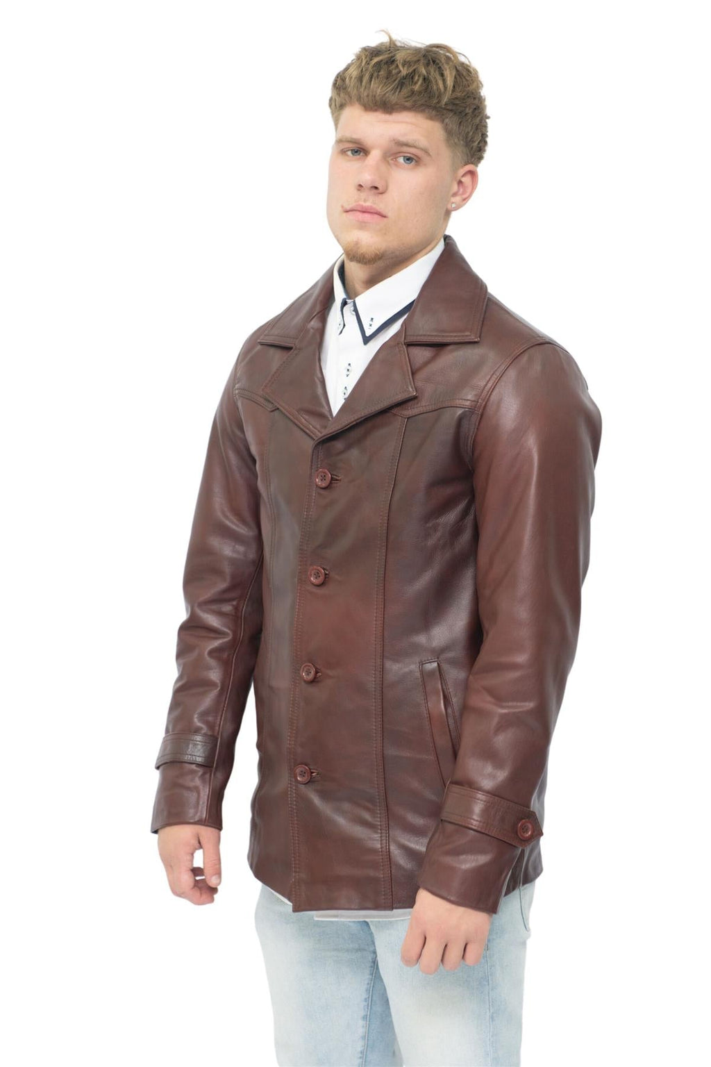 Men’s Brown Vintage Trench Style Crombie Leather Coat-Macau