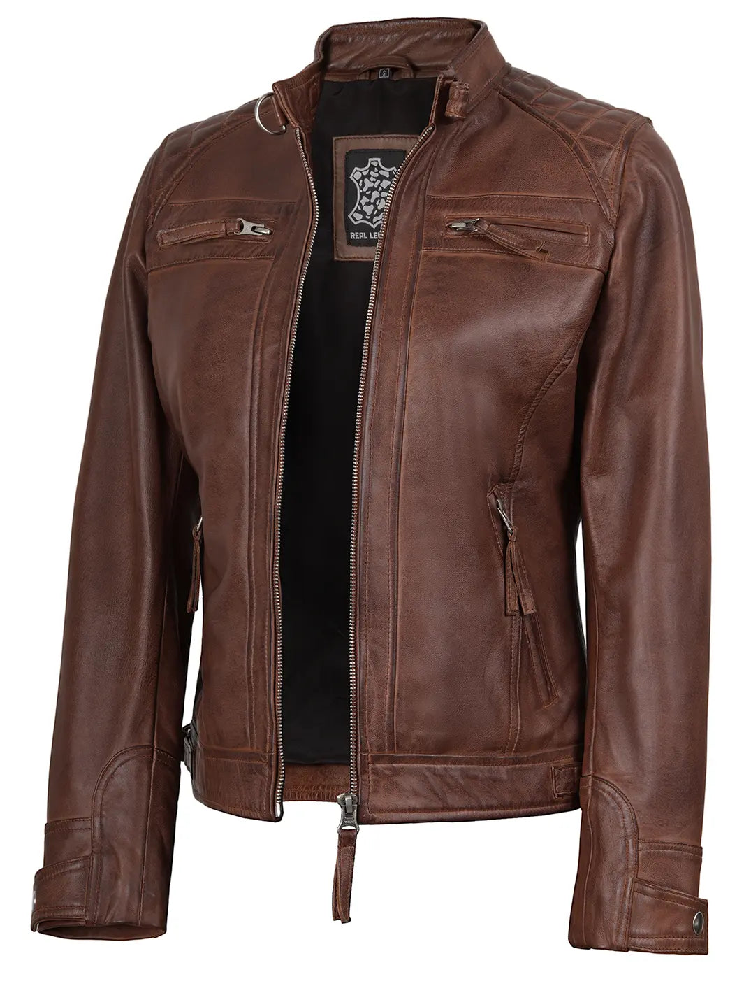 Johnson Women's Cognac Brown Cafe Racer Style Leather Jacket