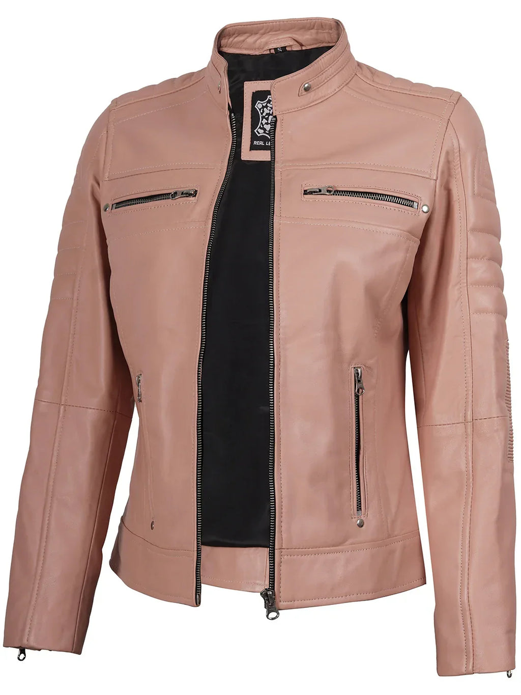 Austin Womens Pink Cafe Racer Style Leather Jacket